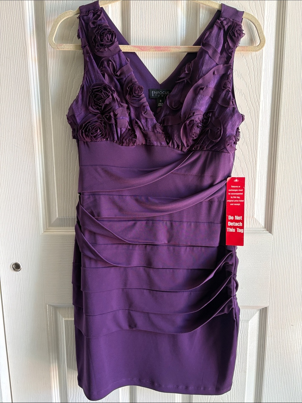Enfocus Studio Deep Purple Rose-Appliqué V-Neck Mini Dress